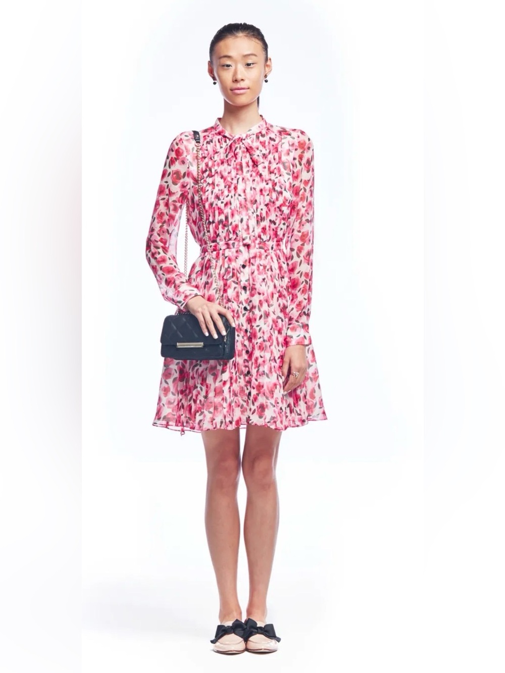 Kate Spade Silk Chiffon Pink Floral Long-Sleeve Tie-Neck Dress, Size 2